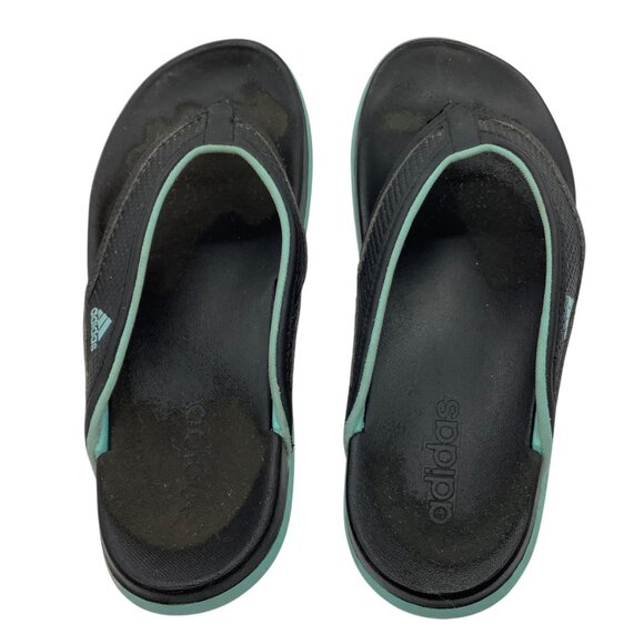 Adidas Men Flip Flop Sandals Size 7 Black & Aqua Rubber Sole Comfortable USED - Picture 2 of 5